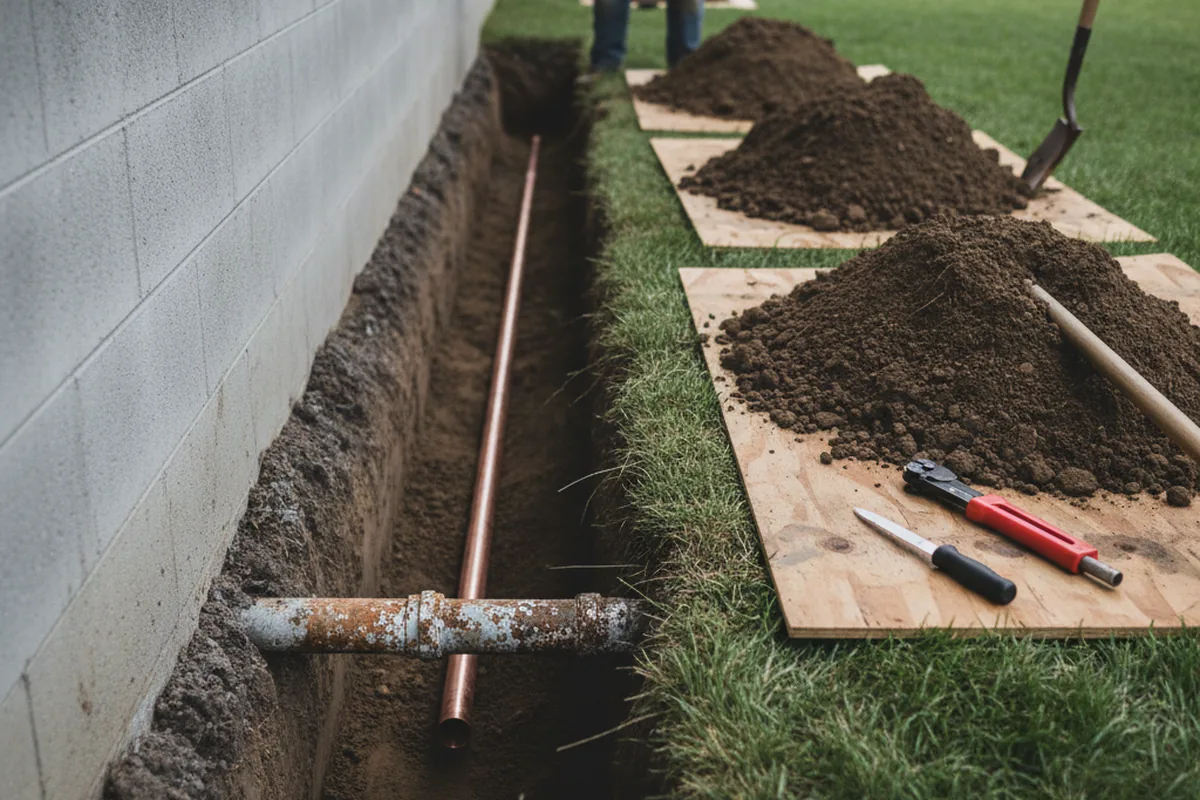 Excavated water line trench during Water Softener Installation in Coaldale